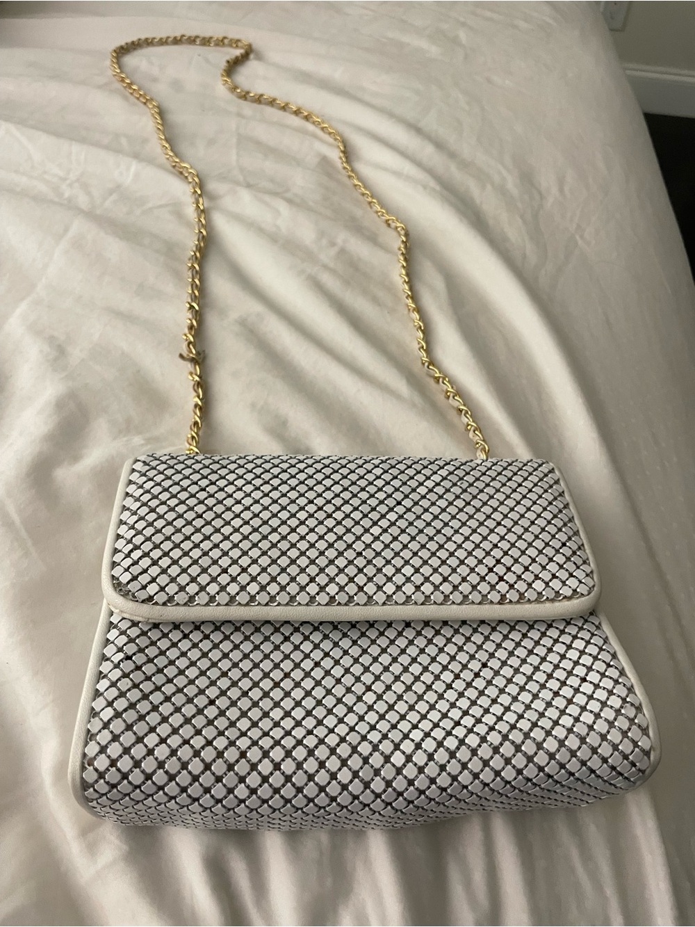 Whiting & Davis White Mesh Crossbody with Gold Chain